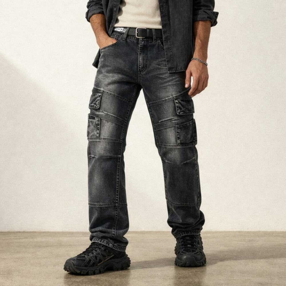 GSTR Black Distressed Cargo Jeans Mens 48x30‎ Wash Straight Fit Urban Streetwear